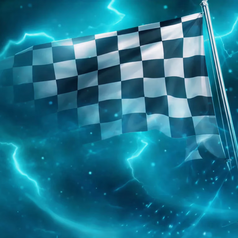 Black-and-white checkered racing flag waving over a blue electric background – Deuces Casino.