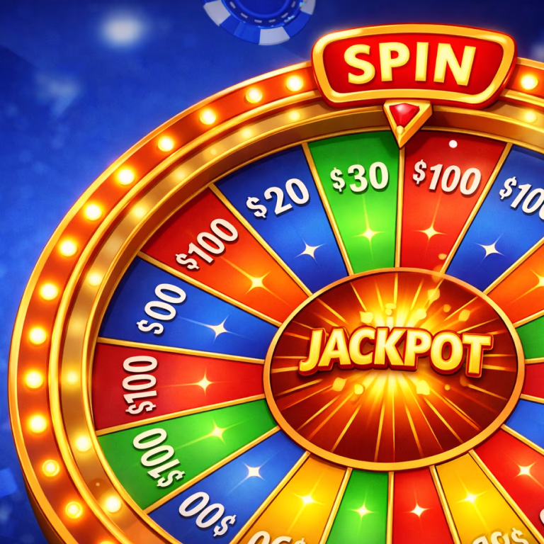Colorful jackpot wheel with “Spin” at the top and prize amounts displayed – Deuces Casino.
