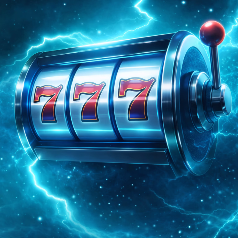 Blue slot machine showing triple 7 symbols with electric effects in the background – Deuces Casino.