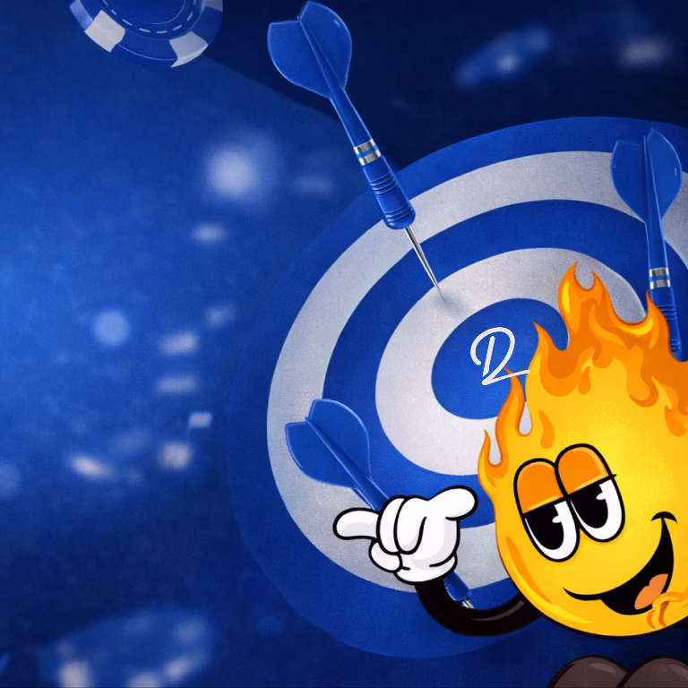 Blue dartboard with darts hitting the center and a flaming cartoon mascot pointing at the target – Deuces Casino.